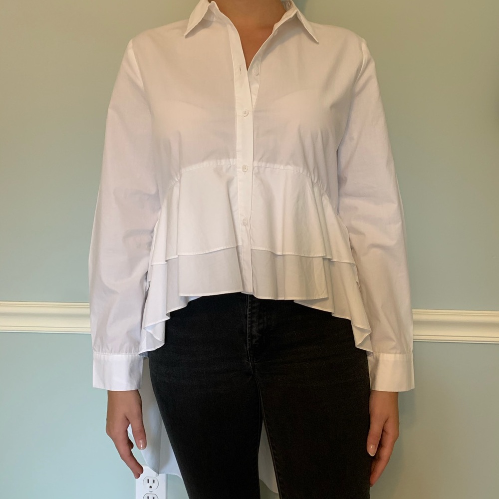 White Zara Button Down Hi-Low Ruffle Blouse